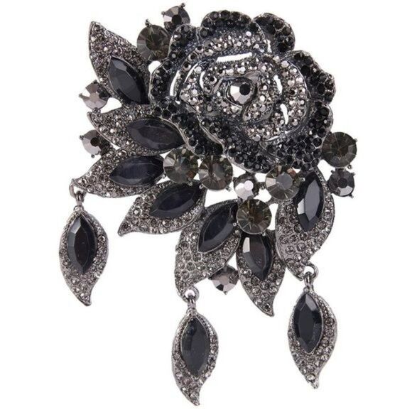 Large Black and Gray Austrian Crystal Rose Flower Leaf Brooch Pendant Pin - Picture 1 of 4